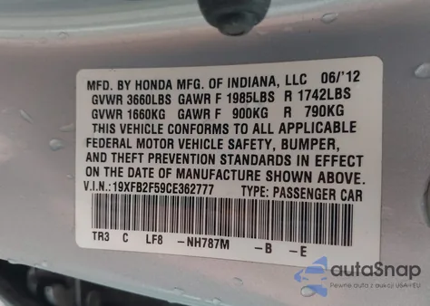 2012 Honda Civic Lx z USA, uszkodzony, nr VIN 19XFB2F59CE362777